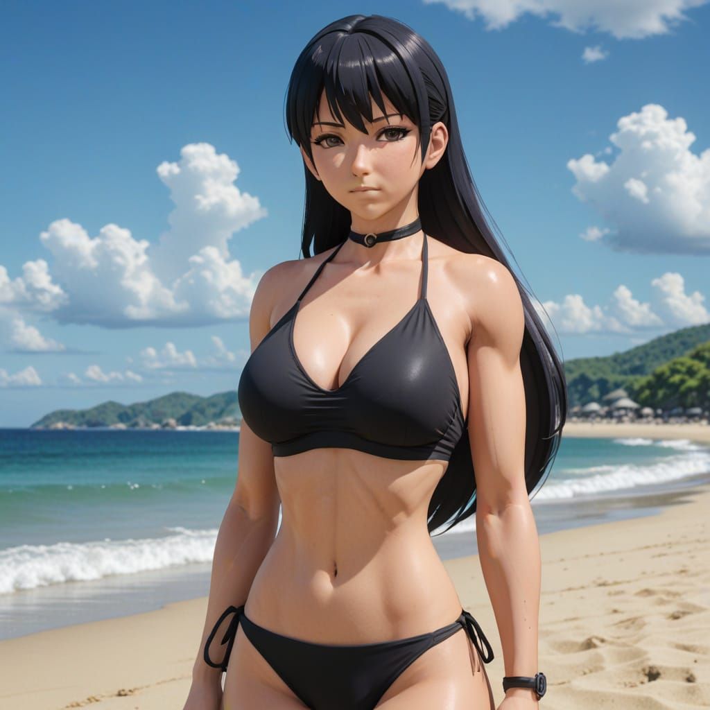 Adult Hinata Hyuuga wearing a black bikini