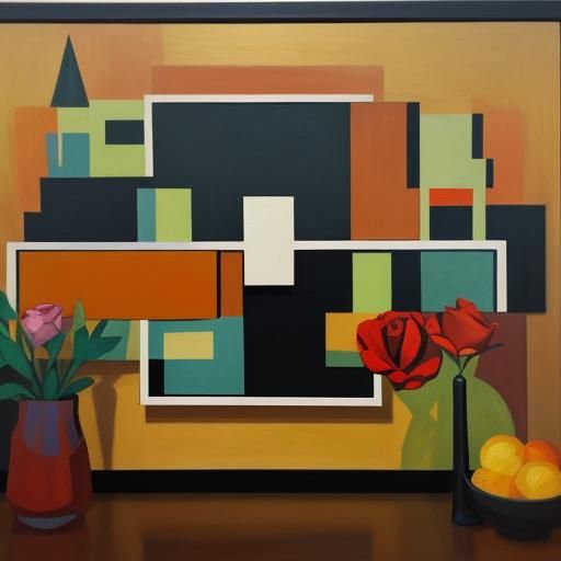 Cubist Frog and Rose Still Life in Oil