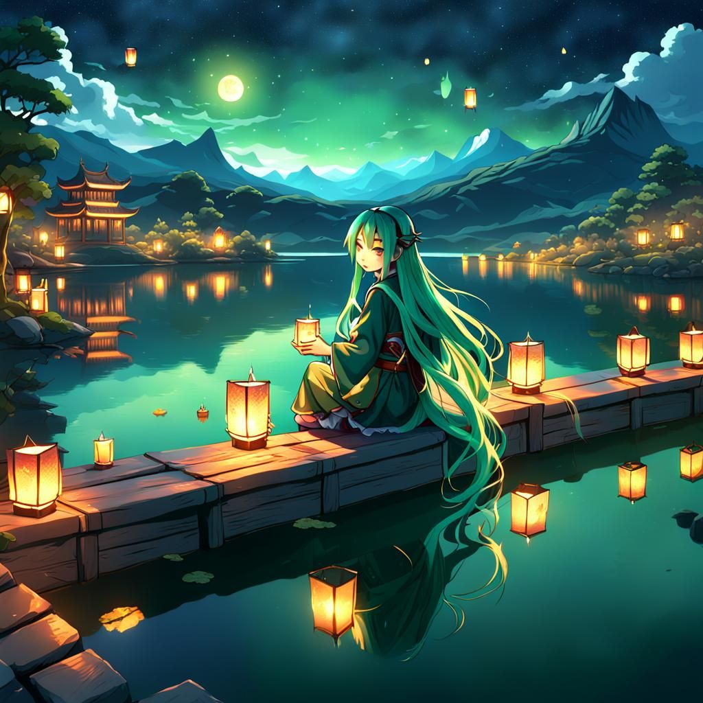 Anime Girl Releasing Lanterns into Night Sky