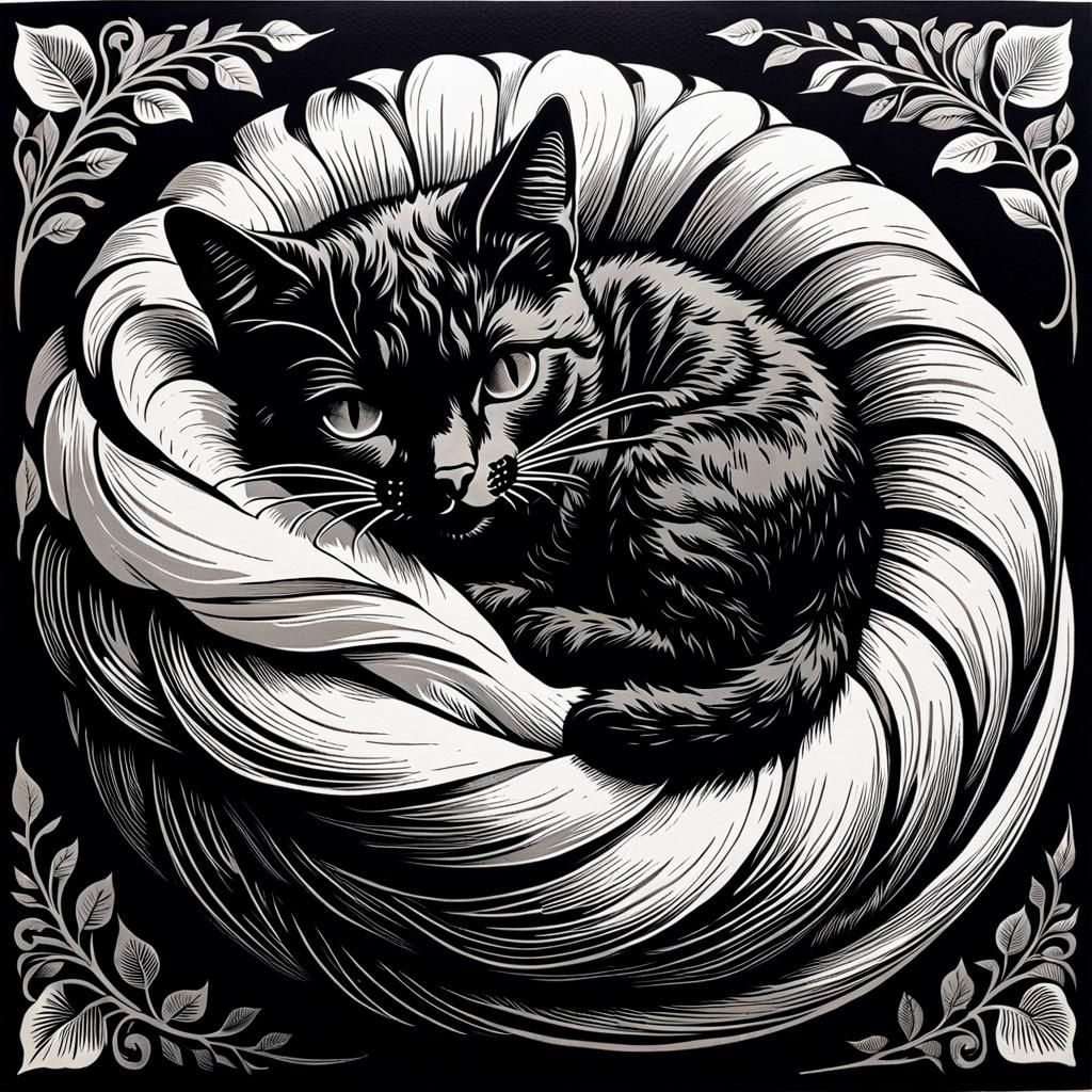 Black and white relief print of a cat curled up asleep