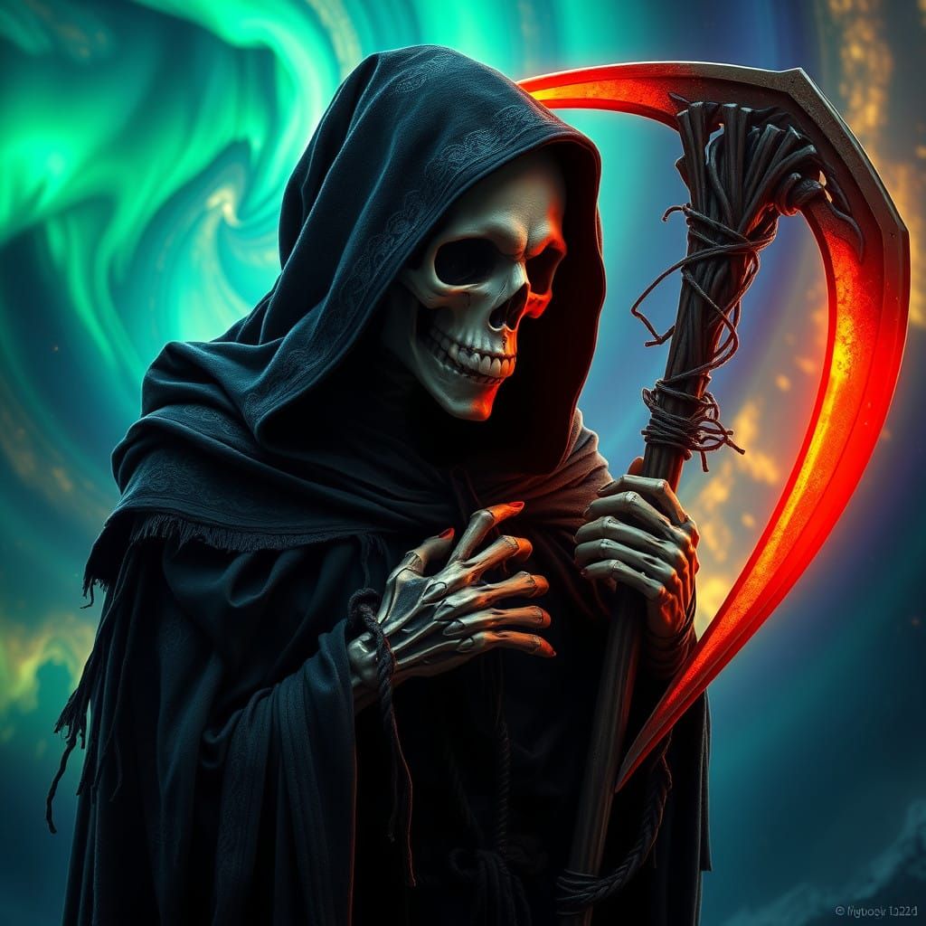Cyberpunk Grim Reaper in Hyperrealistic Aurora Borealis