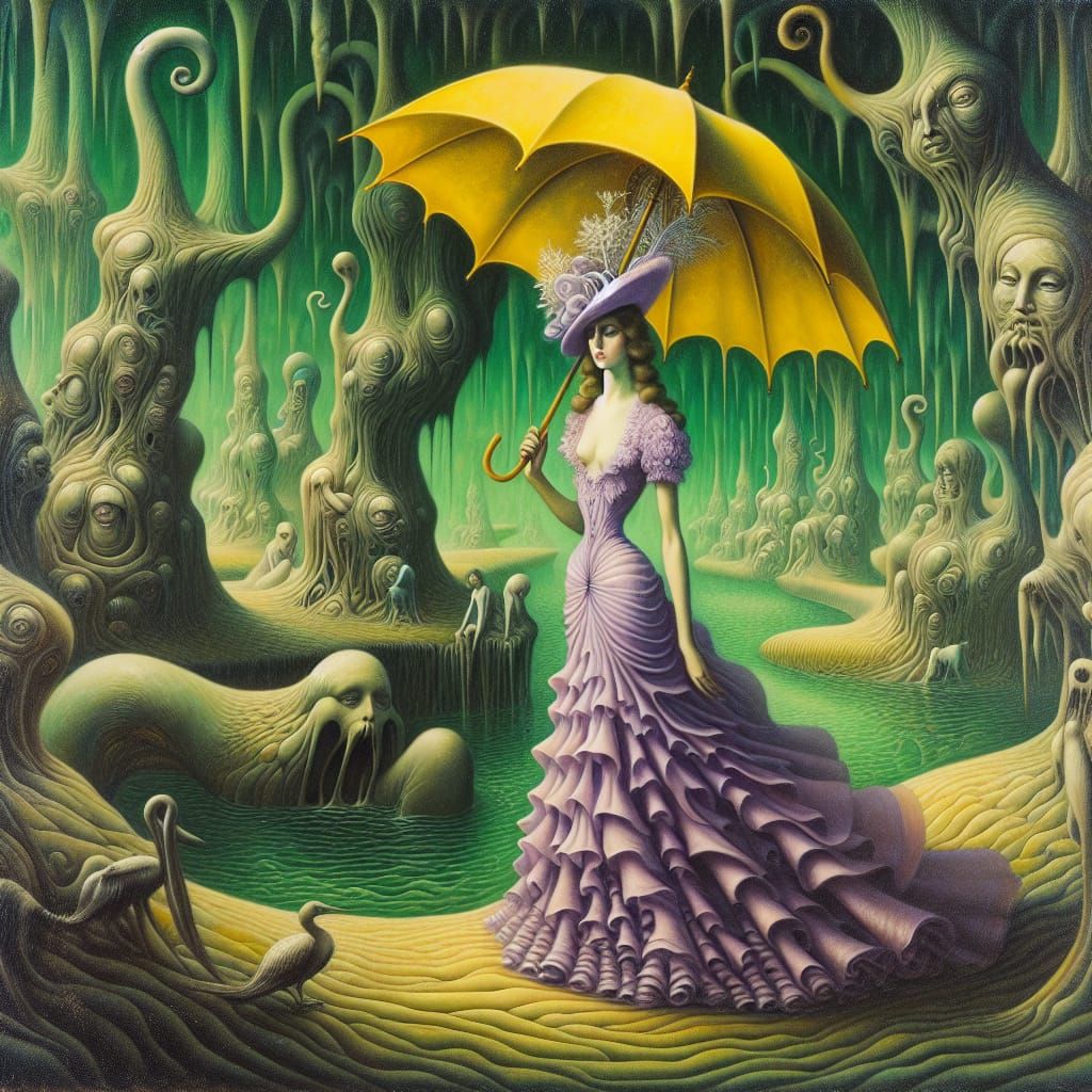 Surreal Woman in Swamp with Umbrella Hat