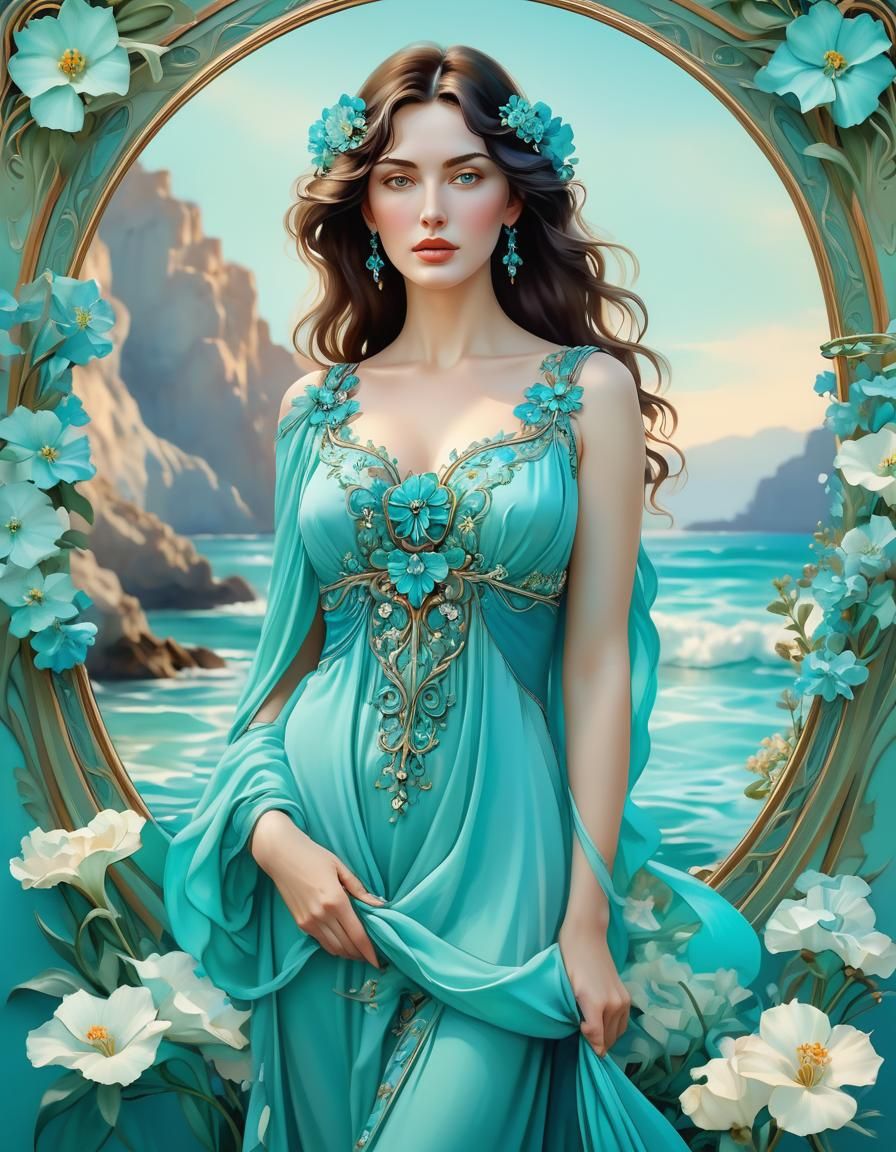 Monica Bellucci in turquoise, art nuveau