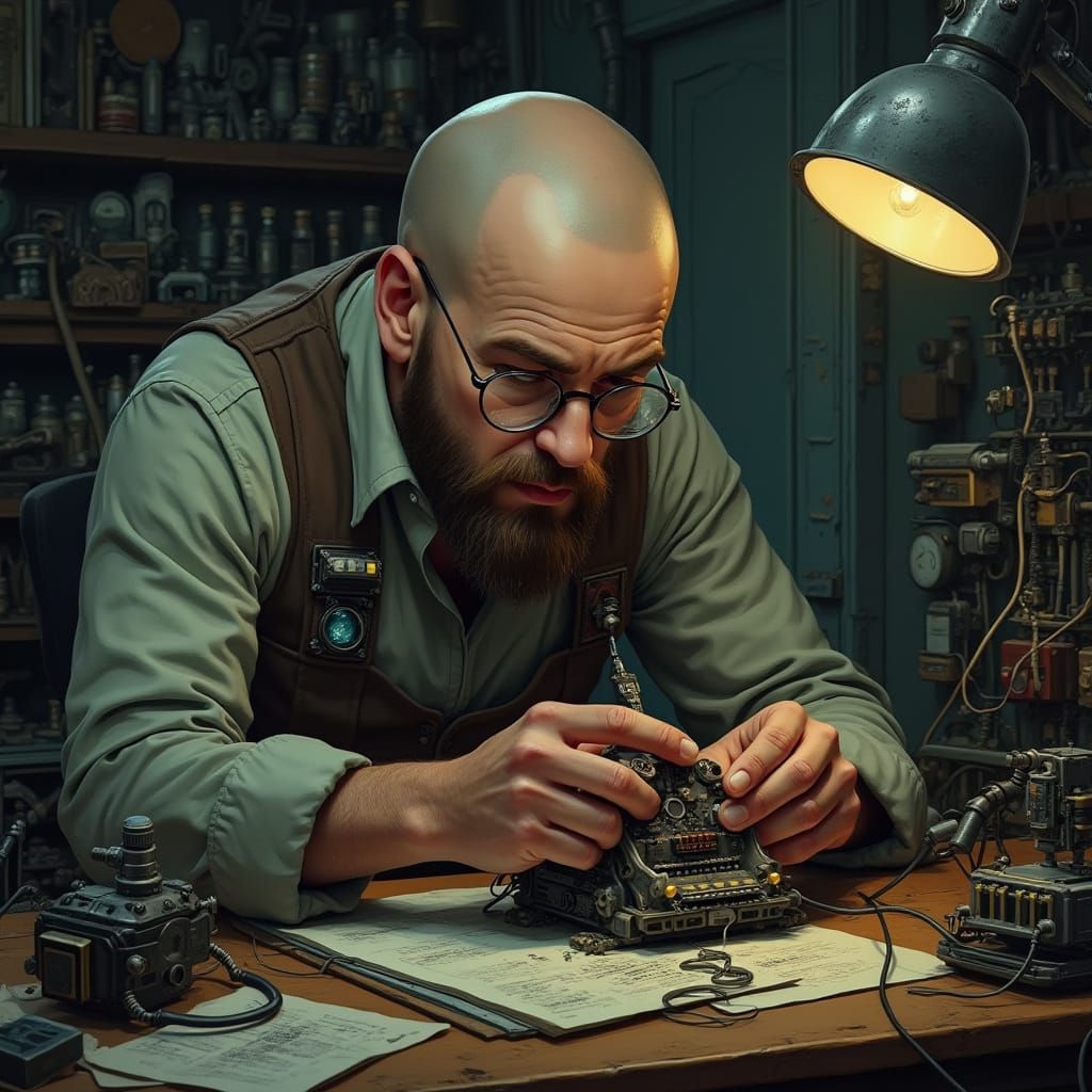 Man Building Device in Futuristic Steampunk Lab