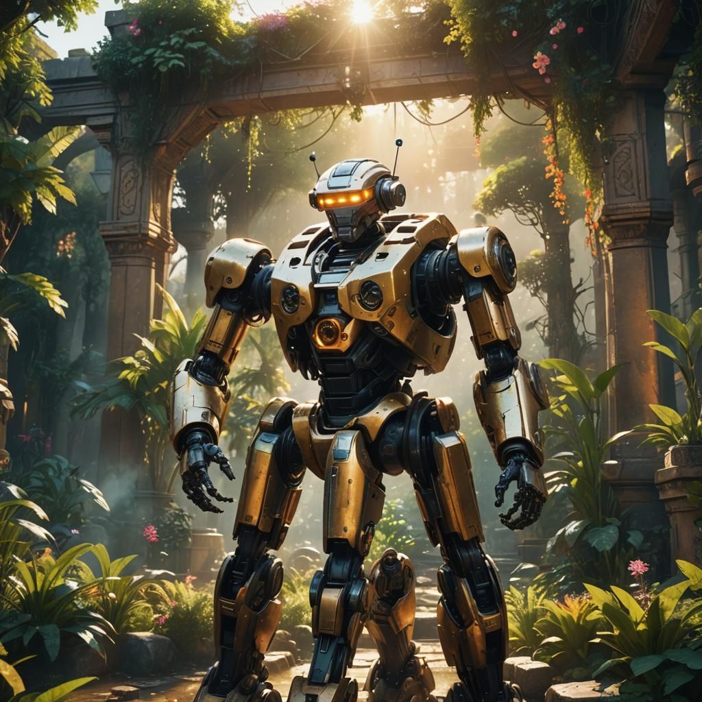 Robots Embrace in Dystopian Garden, Digital Painting