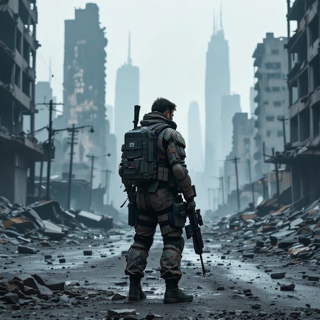 Soldier in Abandoned City: Dystopian Cinematic Art