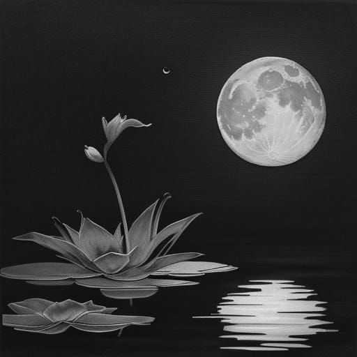 Ink Wash Painting of a Lily Under Moonlight