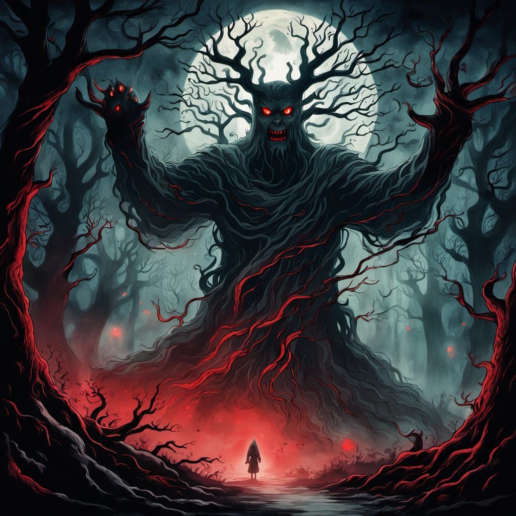 Eerie Night Forest with Asian Spirits in Ink Wash Style