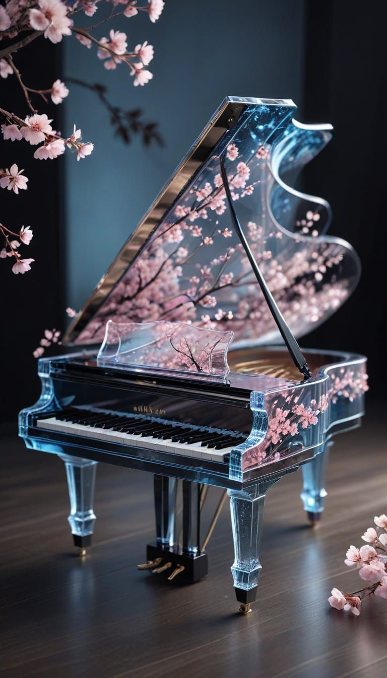 Glass piano with sakura blossoms
