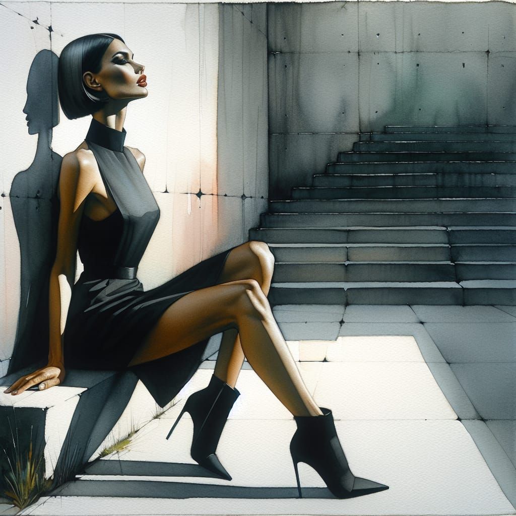 Woman in Urban Setting, Striking Watercolor Painting