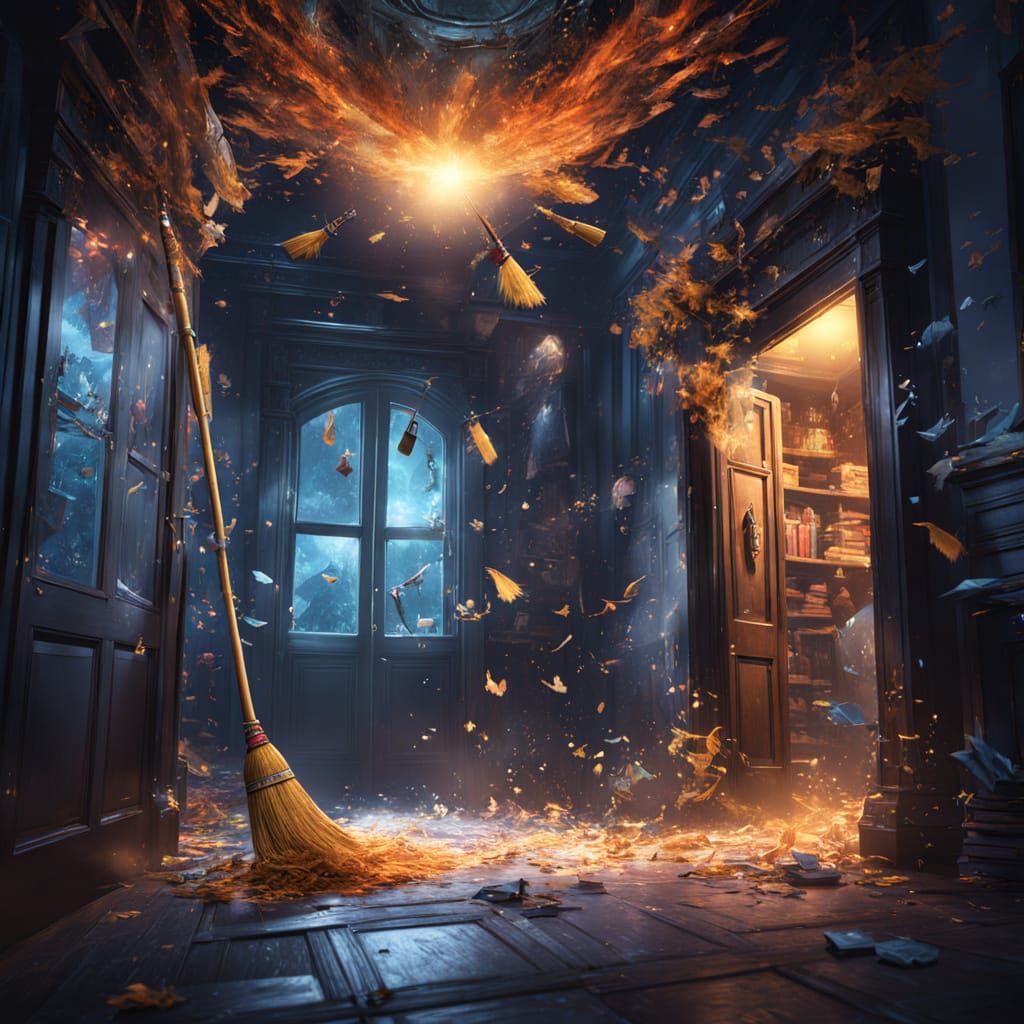 enchanted brooms flying by themselves to a closet