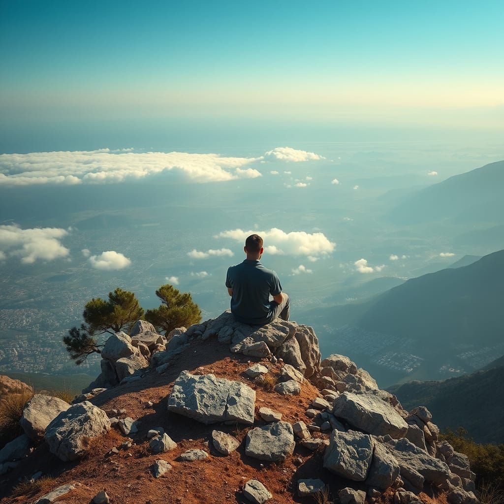 Man Contemplating Mountain Vista Atop Rocks