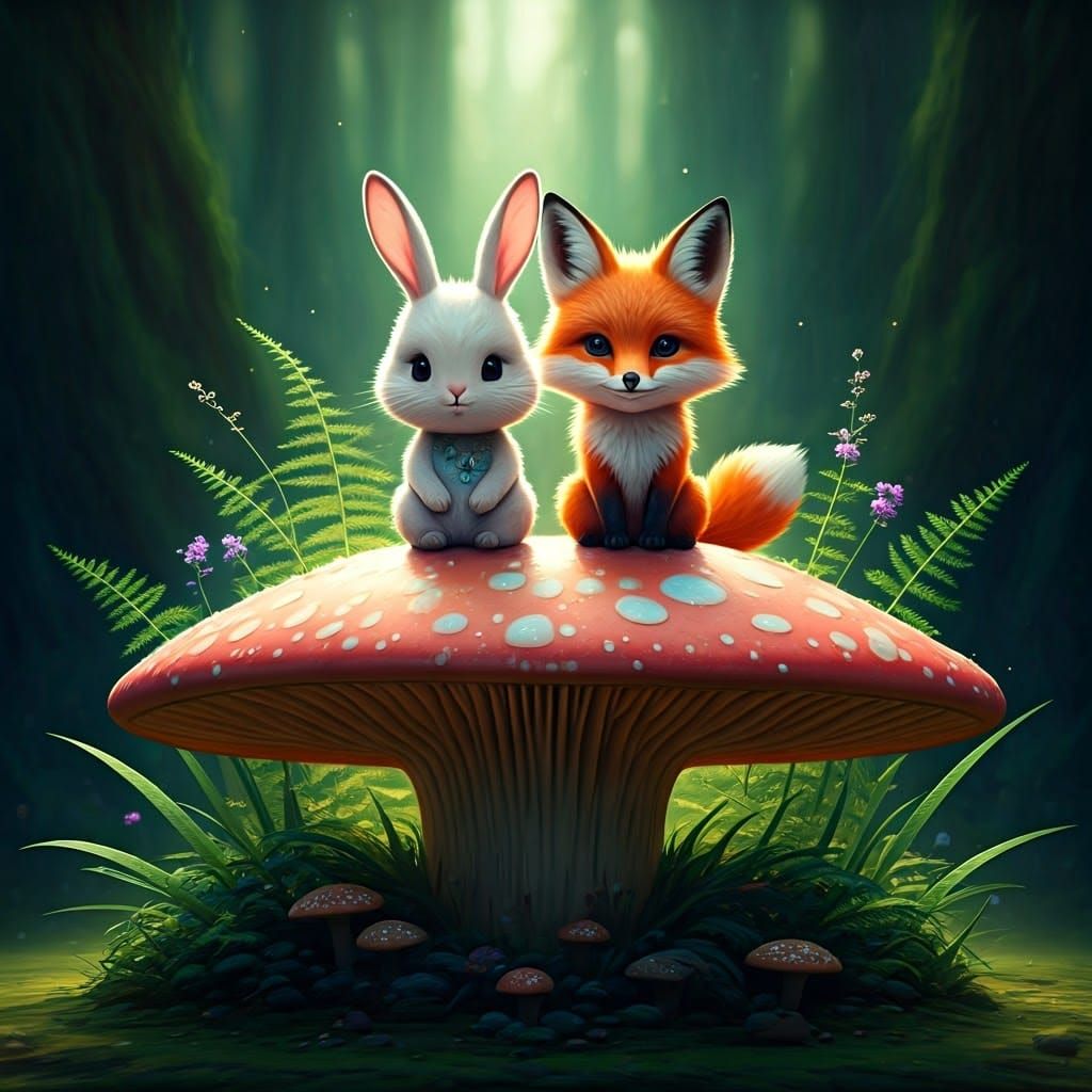 Kawaii Bunny and Fox on a Mushroom