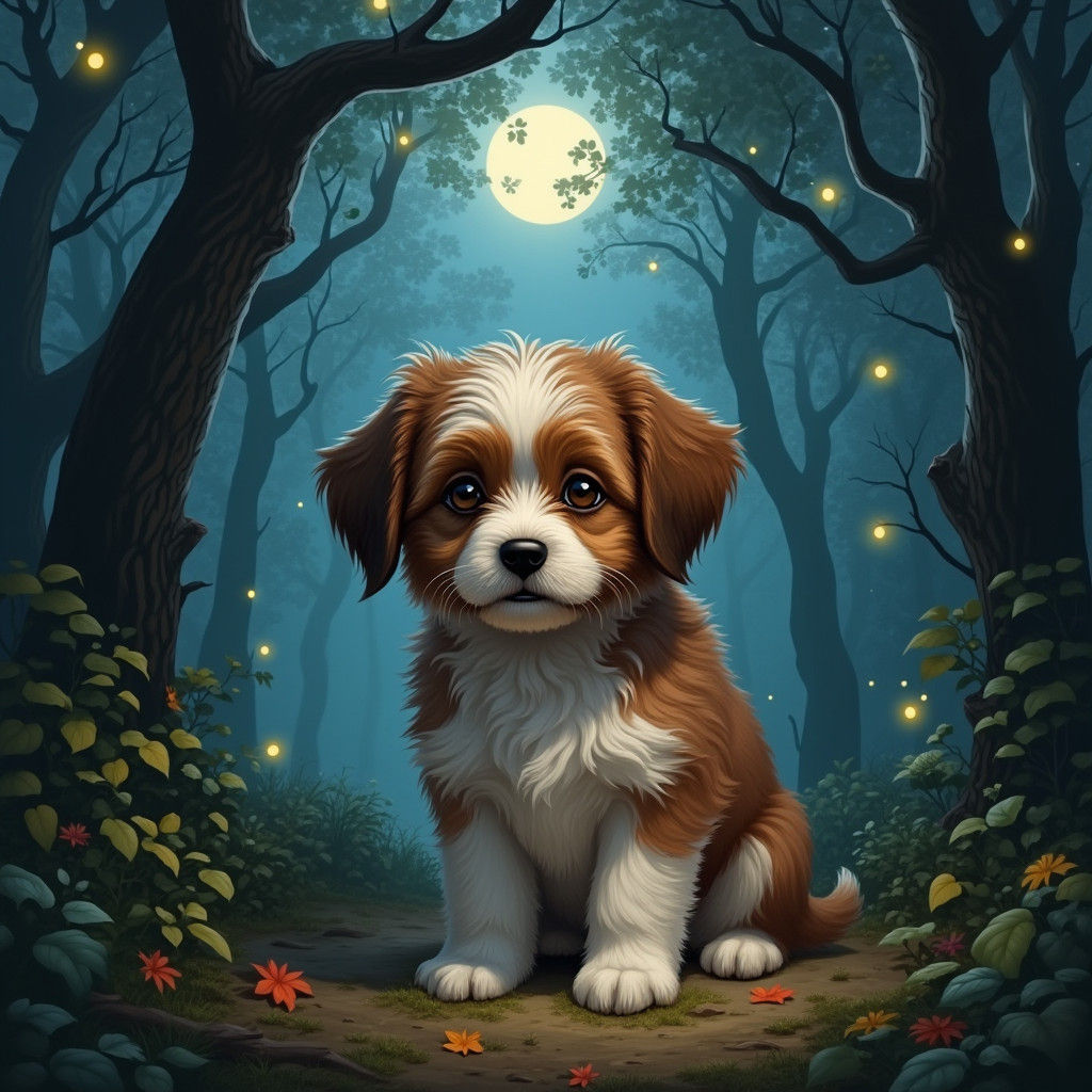 Lost Puppy's Sadness in Misty Forest