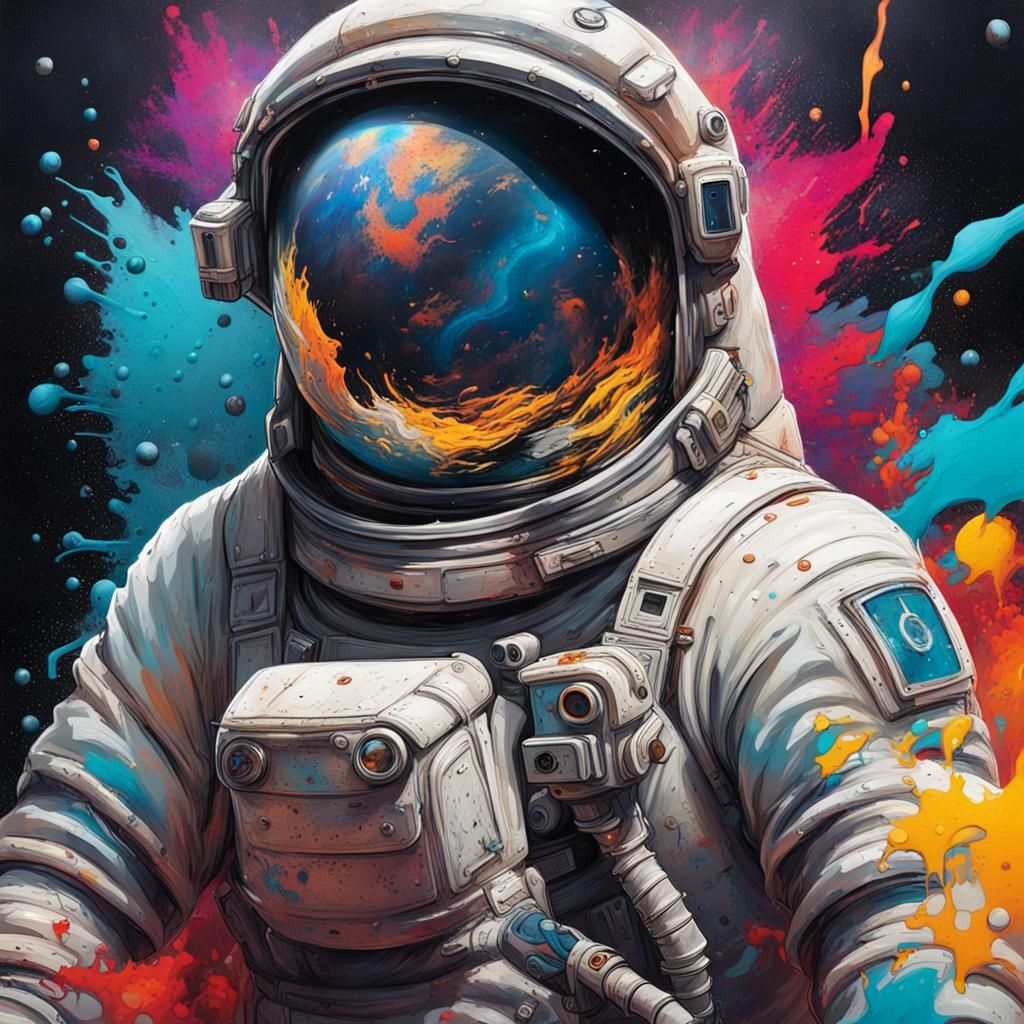 Lost Astronaut in Space Debris: Graffiti Art