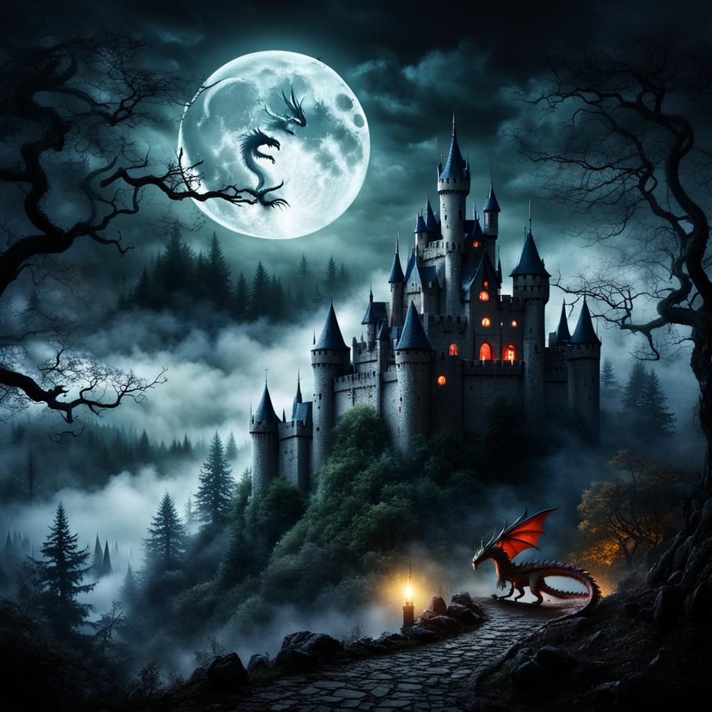 Nightmarish Dragon Castle in Dramatic Light
