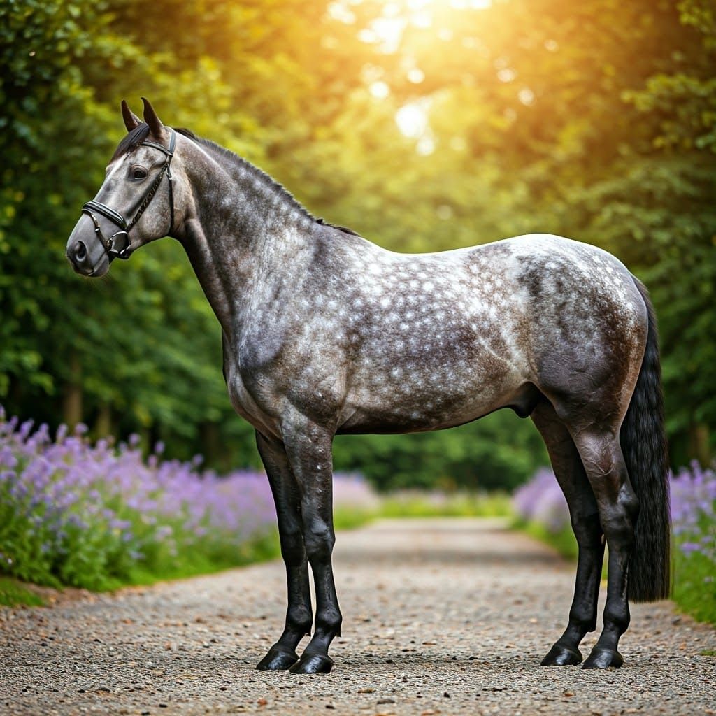 Majestic Blue Roan Stallion in Sun-Dappled Forest