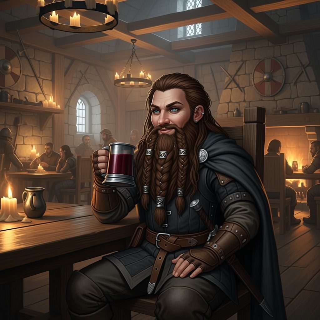 In the world of Game of Thrones. A cunning-looking brown-haried female dwarf with a beard, sitting in a tavern and drink...