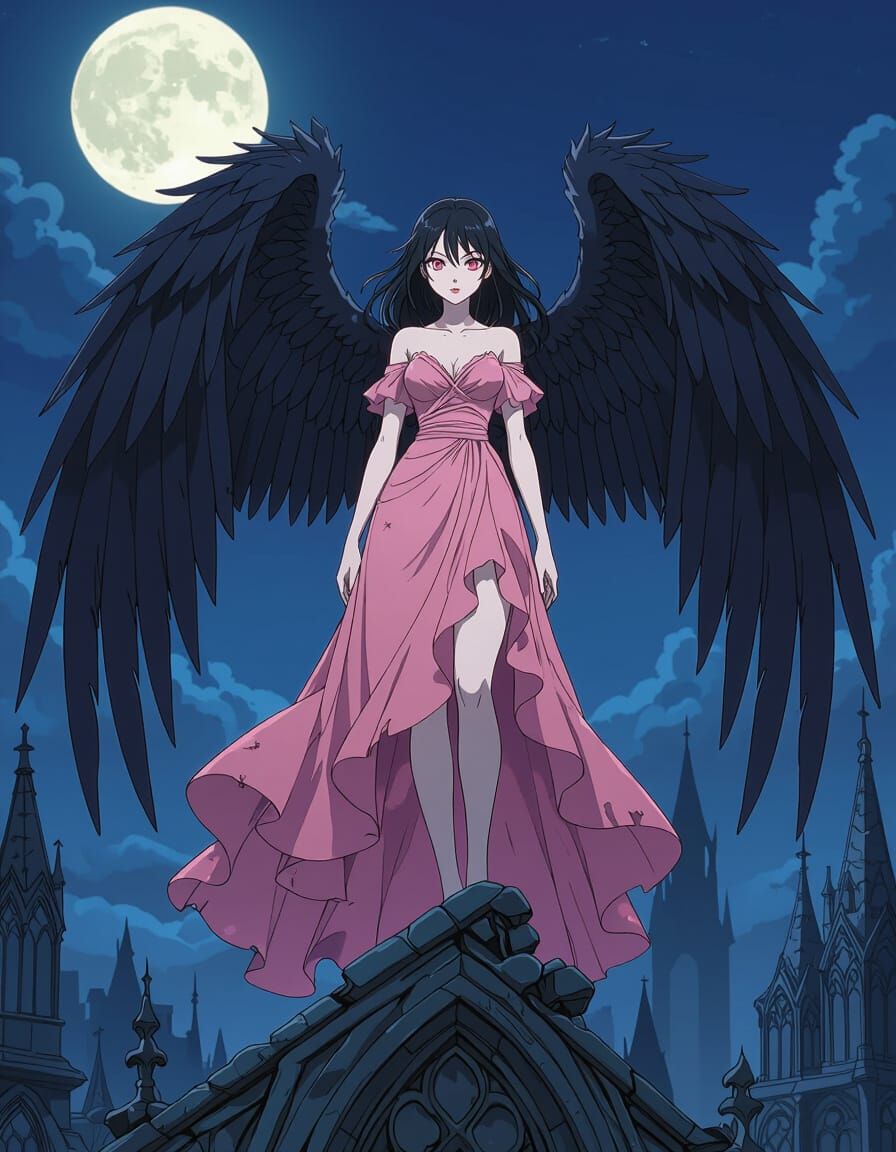 Anime Death Angel with Pink Dress and Wings