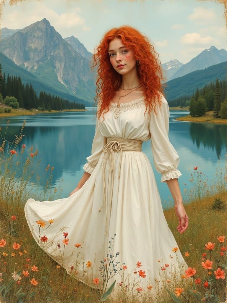 Woman in Flowy White Dress in Colorful Landscape