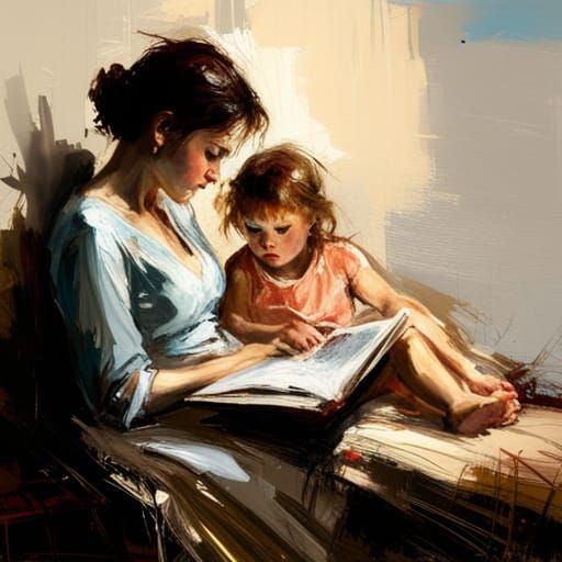 Mother and Daughter Reading, Fine Art Oil Painting