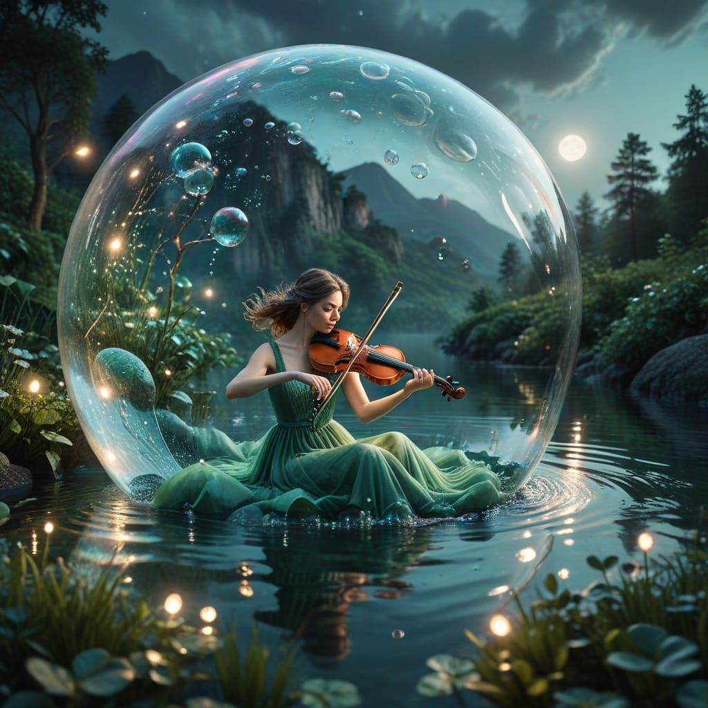 Woman in Whimsical Surrealism Inside a Transparent Soap Bubb...