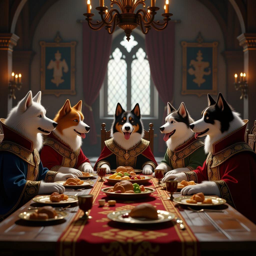 Regal Dogs at Medieval Banquet in 3D Game Cinematic Style