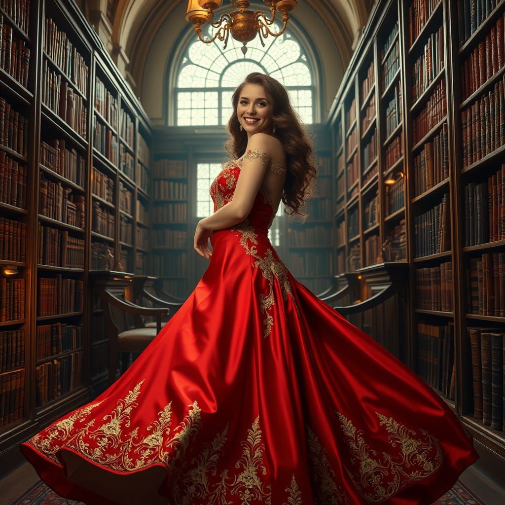 Elegant Woman in Library, Alphonse Mucha Style