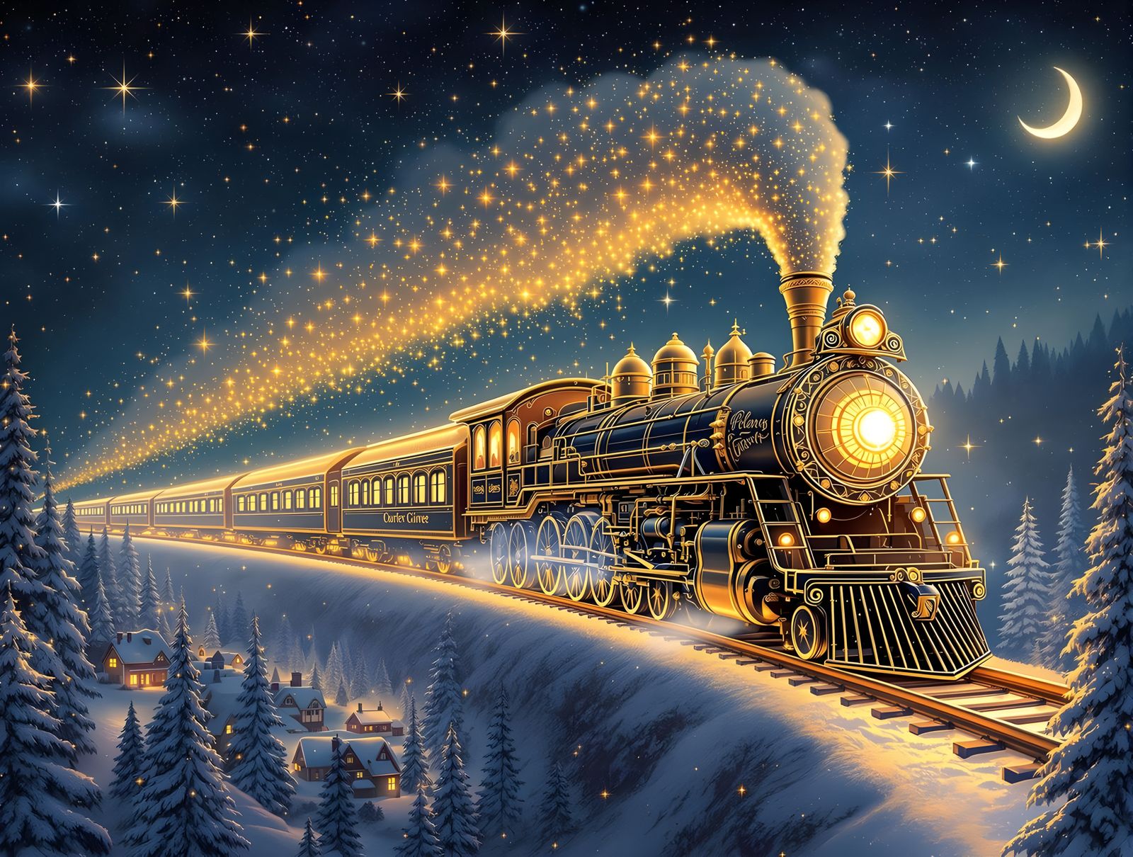 Enchanted Steam Train Soars Across Starry Night Sky