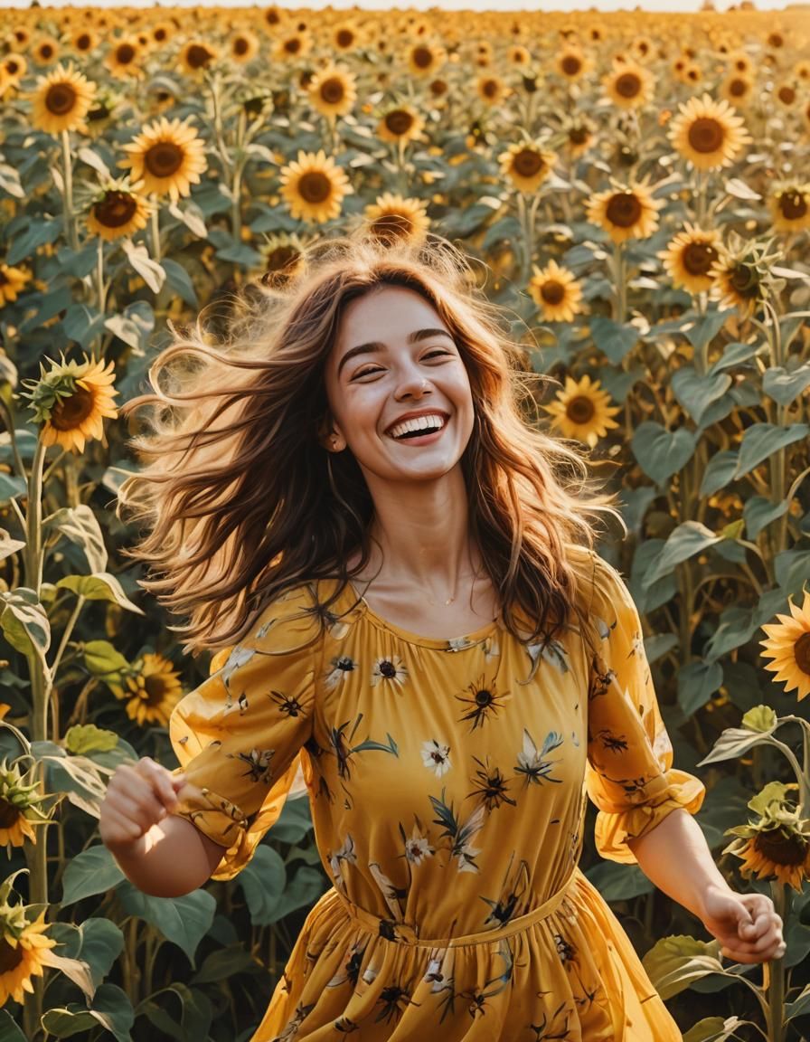 Joyful Woman Dancing in Sunflower Field, Impressionism