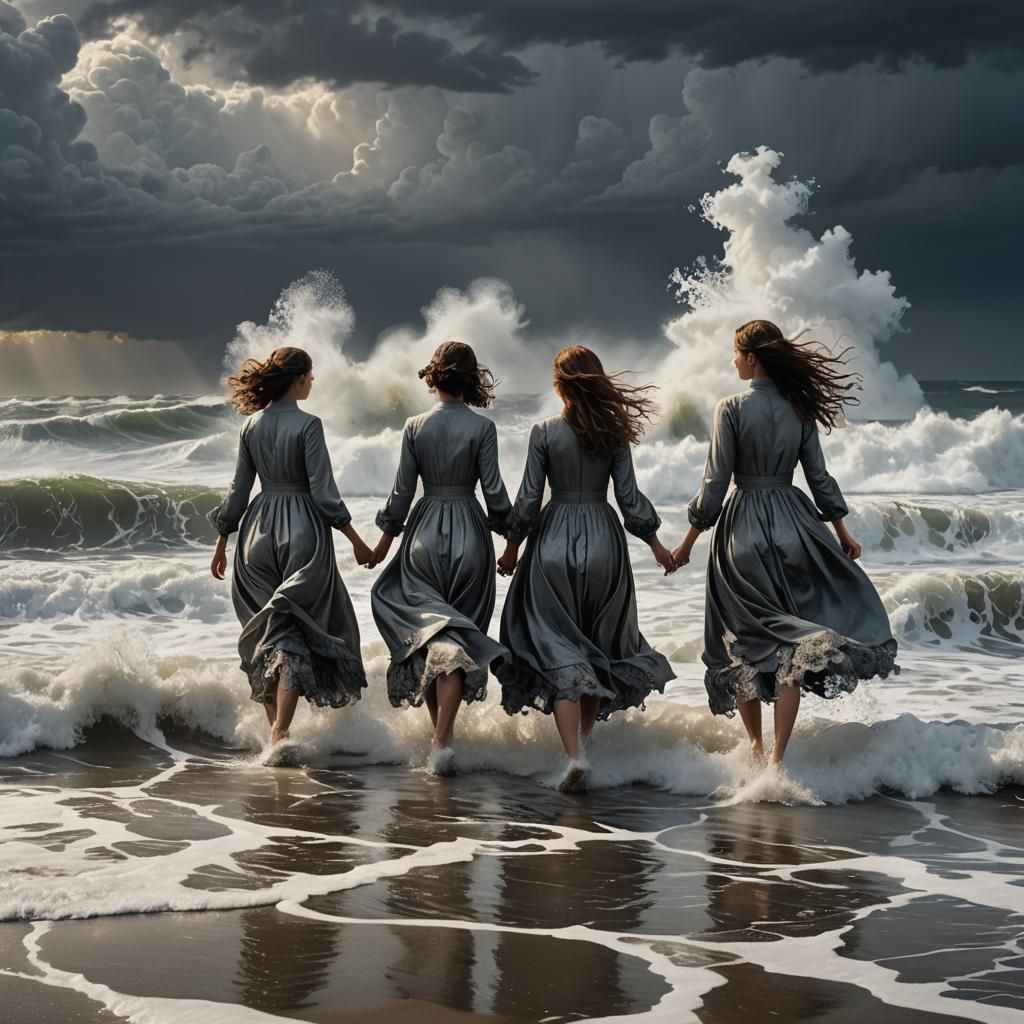Four Sisters Stand Firm Against Stormy Ocean Waves