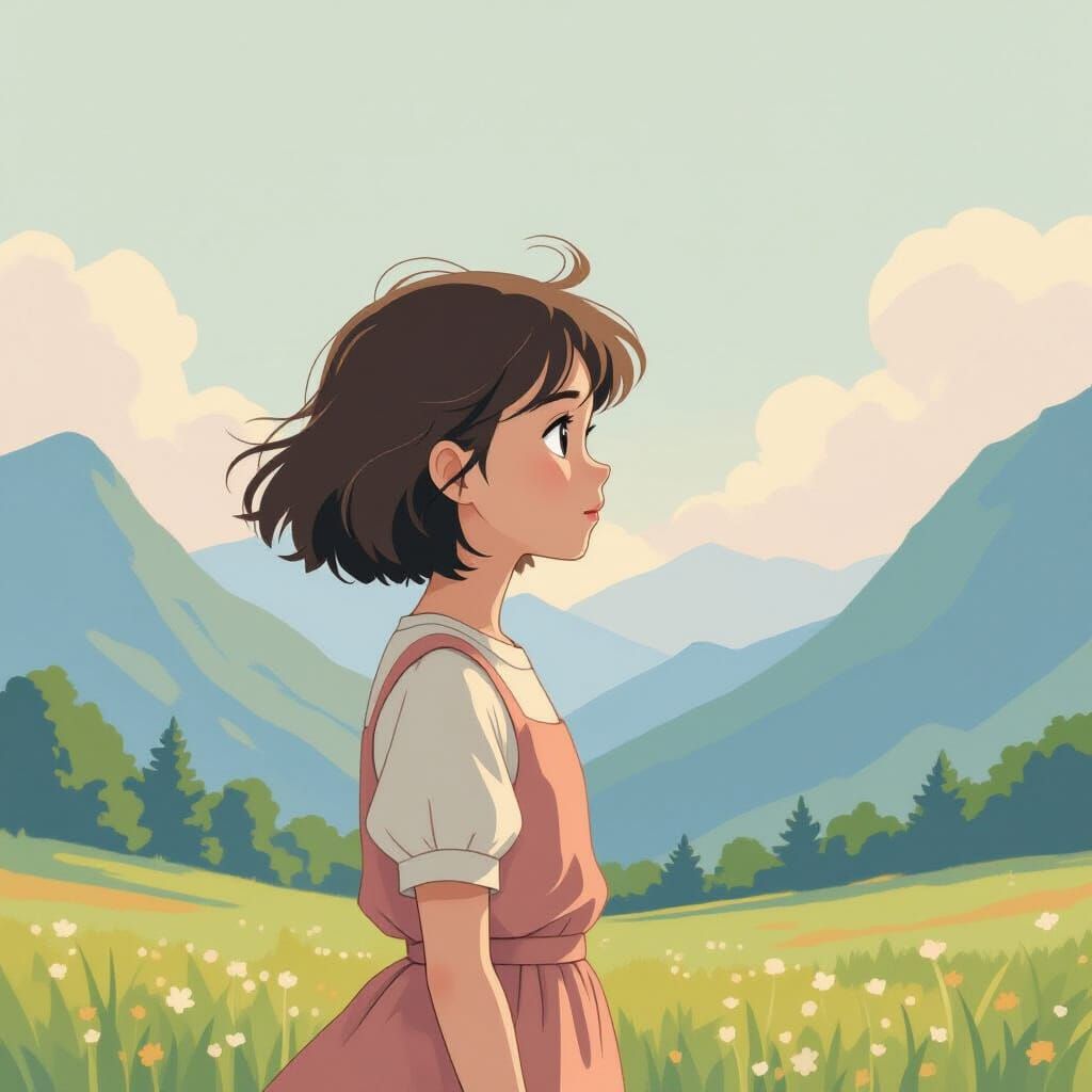 Animated Girl in Vast Landscape, Soft Pastel Colors