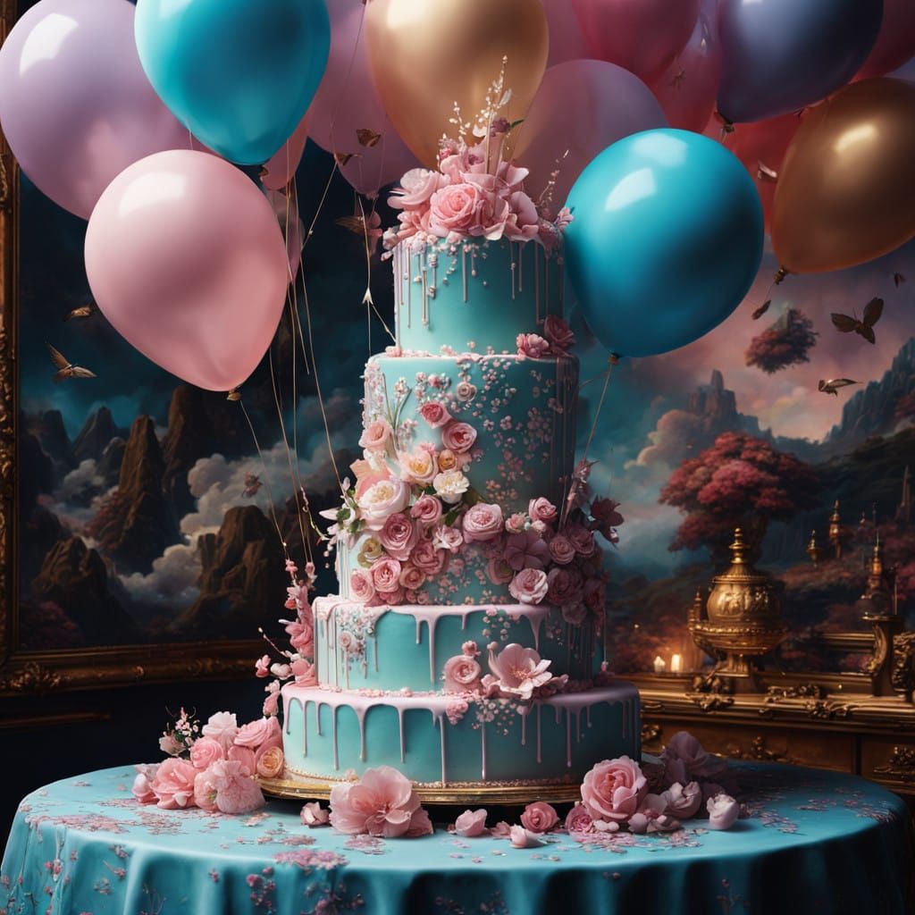 Luxurious Light Pink Cake on Velvet Table with Pastel Balloo...