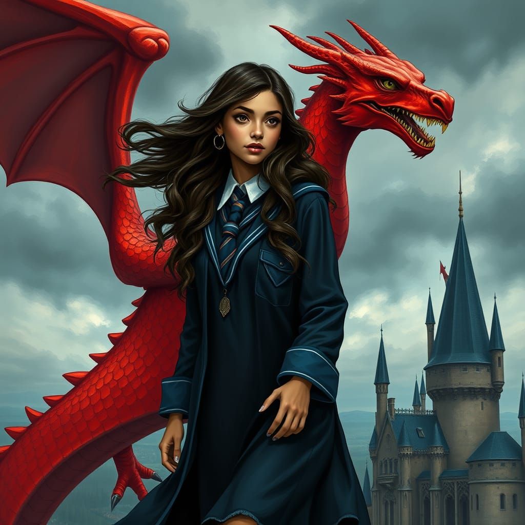 Ethereal Ravenclaw Teenager Stands atop Hogwarts Tower with....