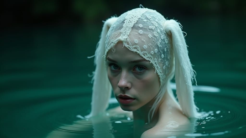 Ethereal Woman with Bunny Ears in Dark Water