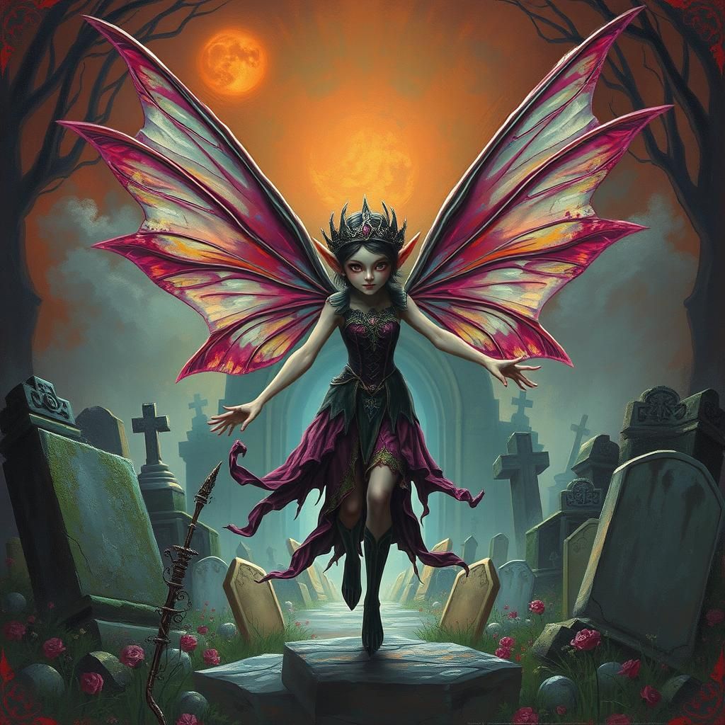 Eerie Fairy Elf in Spooky Cemetery Scenery