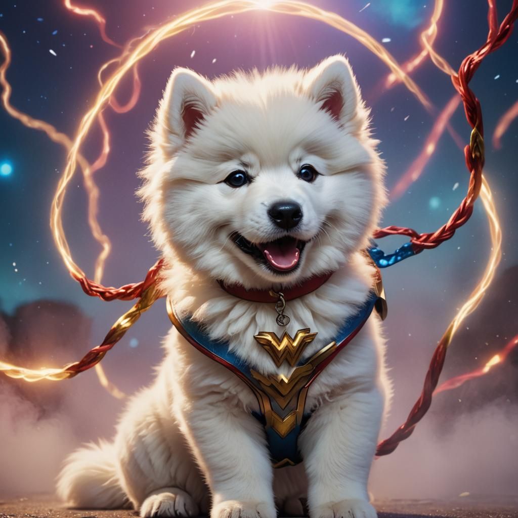 Samoyed Puppy as Wonder Woman: Pixar-Style 3D Rendering