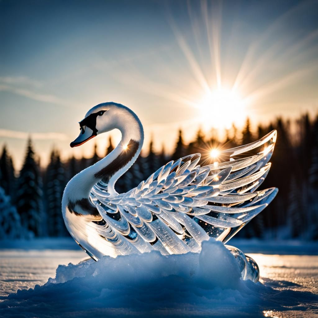 Crystal Swan Ice Sculpture on Frozen Lake