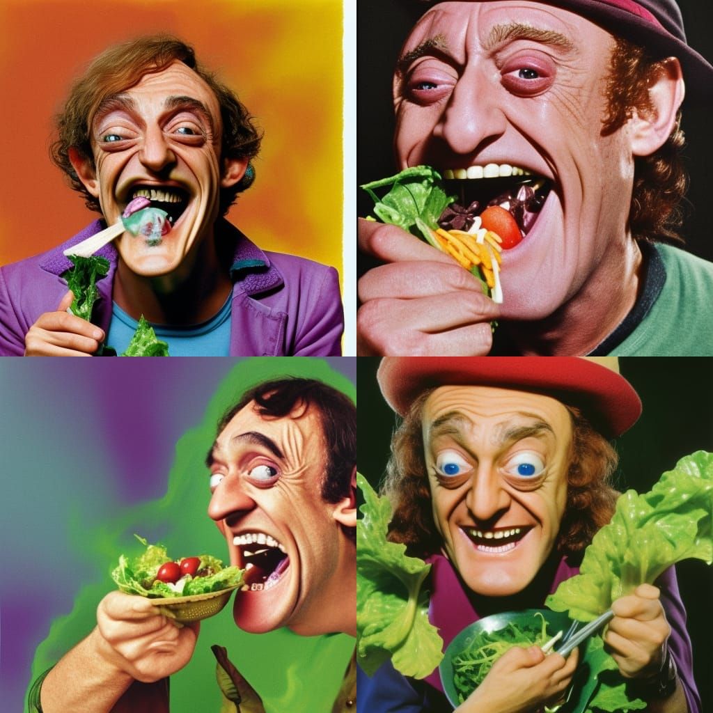 Hyperrealistic Marty Feldman Laughing and Eating Salad
