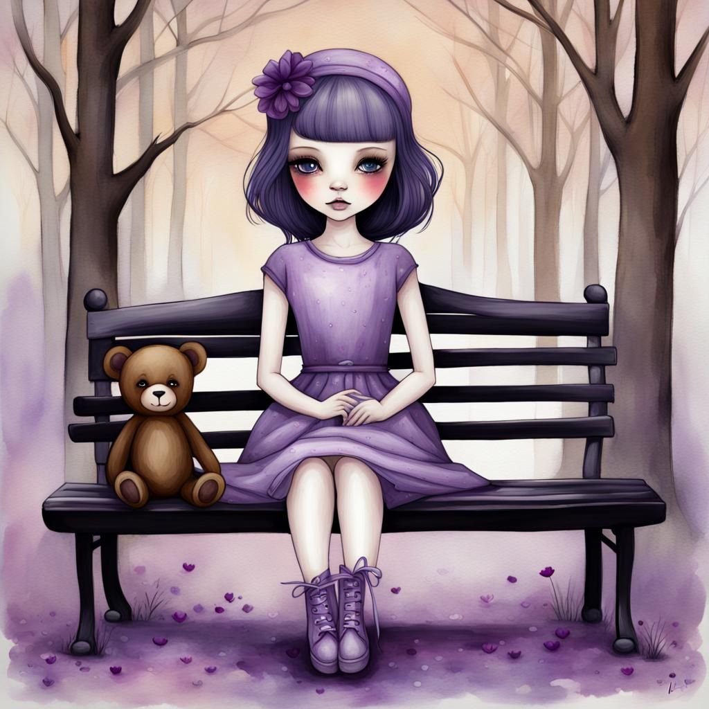 Porcelain Doll and Teddy Bear in Park, Digital Painting