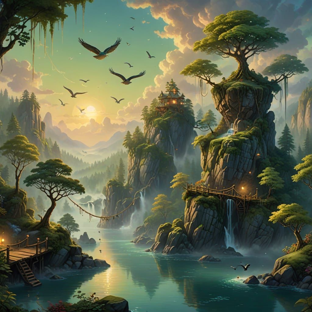 Floating Islands with Rope Bridges in Ethereal Fantasy Art