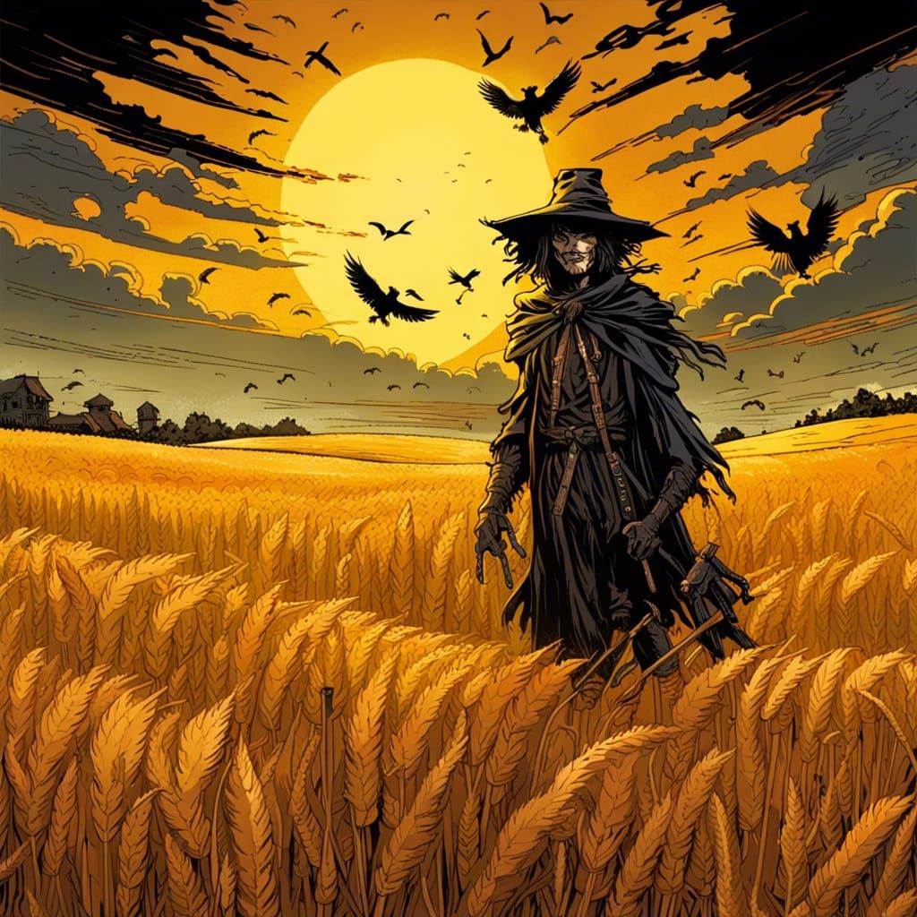 Dark Fantasy Scarecrow in Autumnal Wheat Field