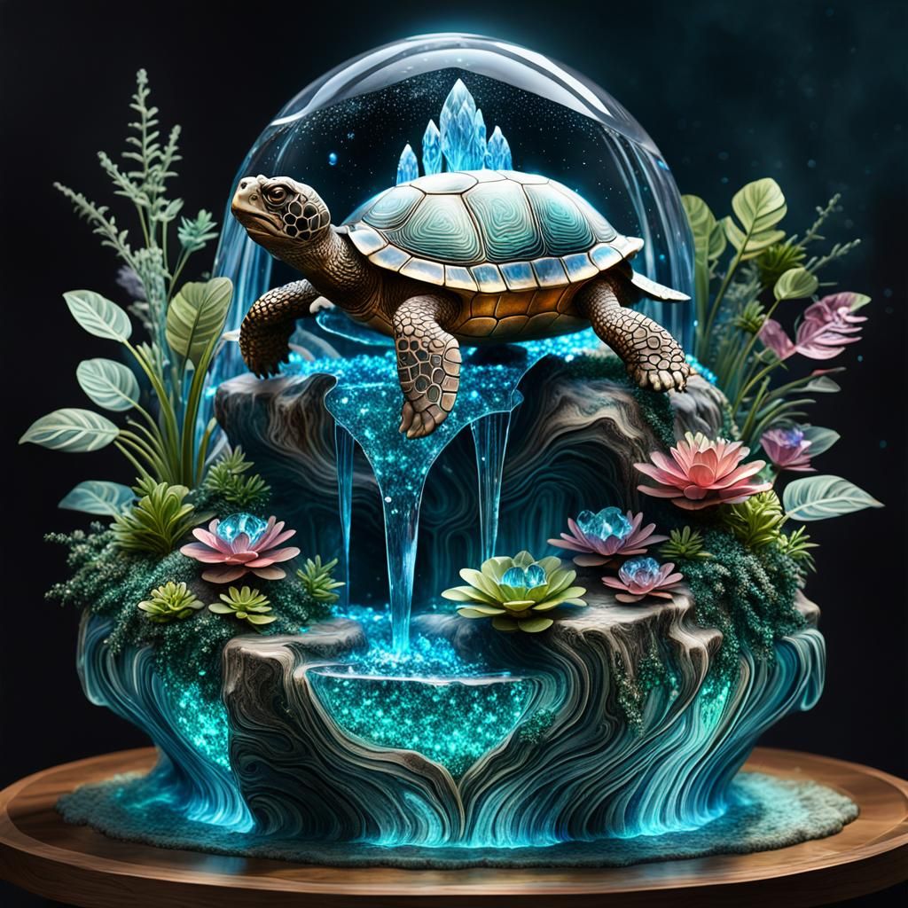 Bioluminescent Turtle Fountain in Hyperrealistic Style