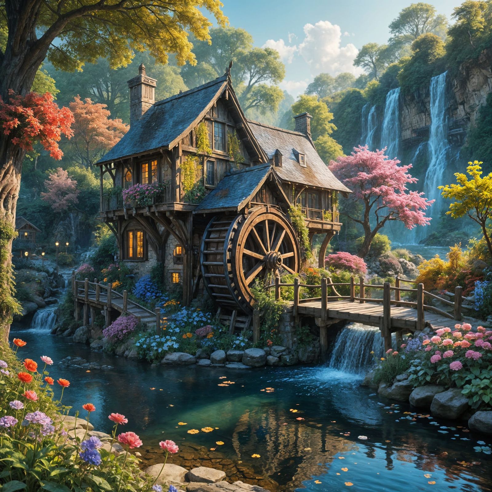 Whimsical Waterwheel in a Fantasy Woodland