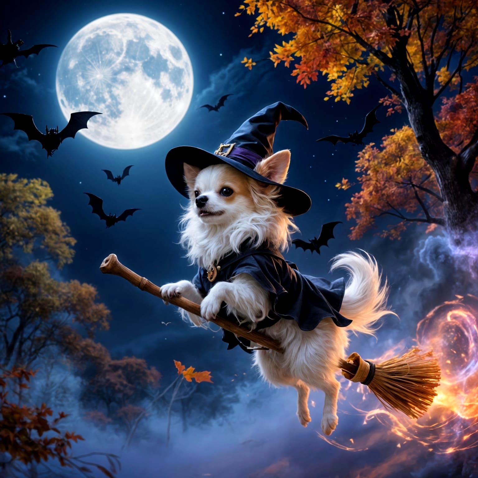 Fluffy Chihuahua Witch Rides Broomstick Under Full Moon
