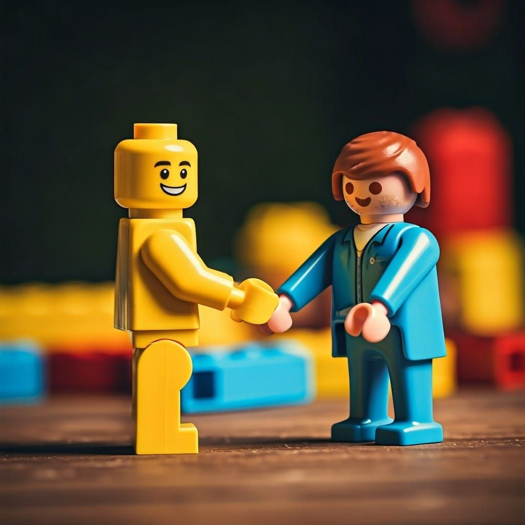 Colorful Toy Friends Shake Hands in Whimsical Scene