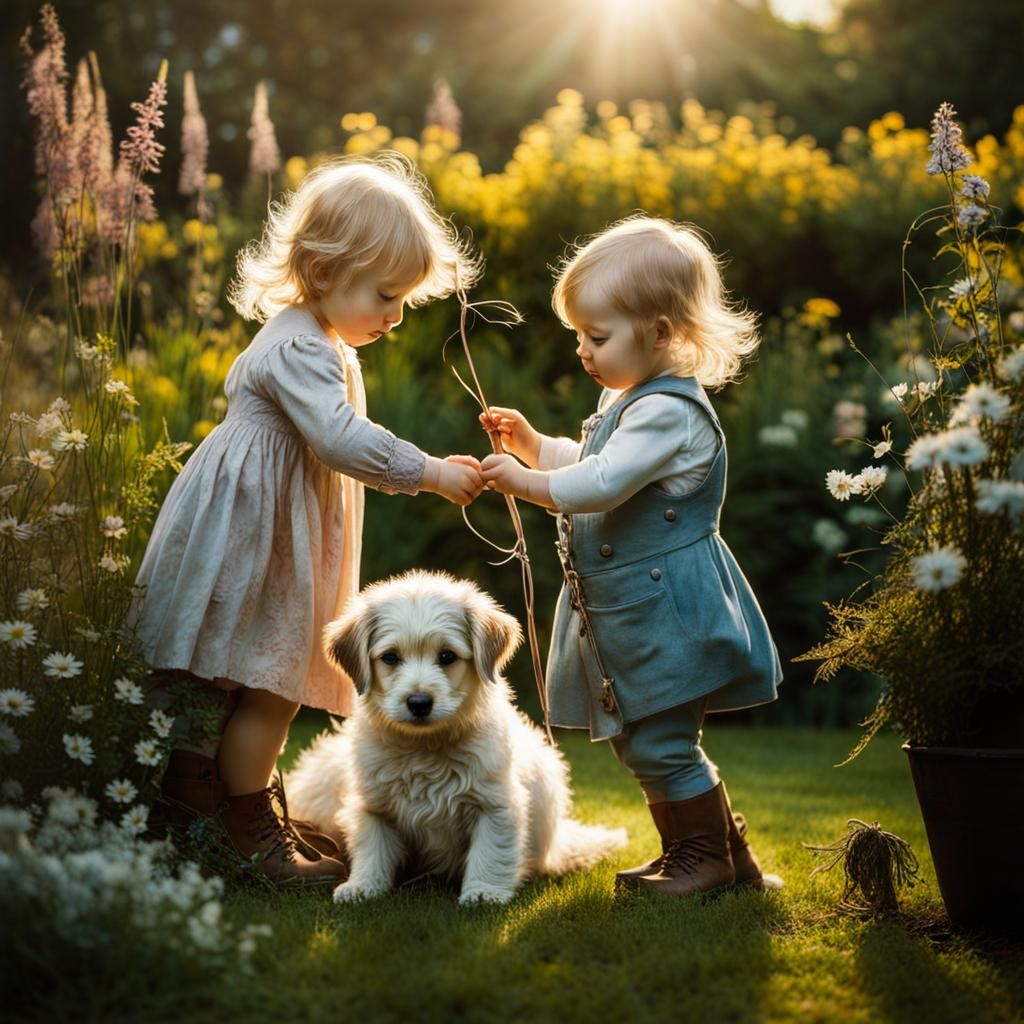 Toddler Siblings Play with Dog, Golden Age Illustration