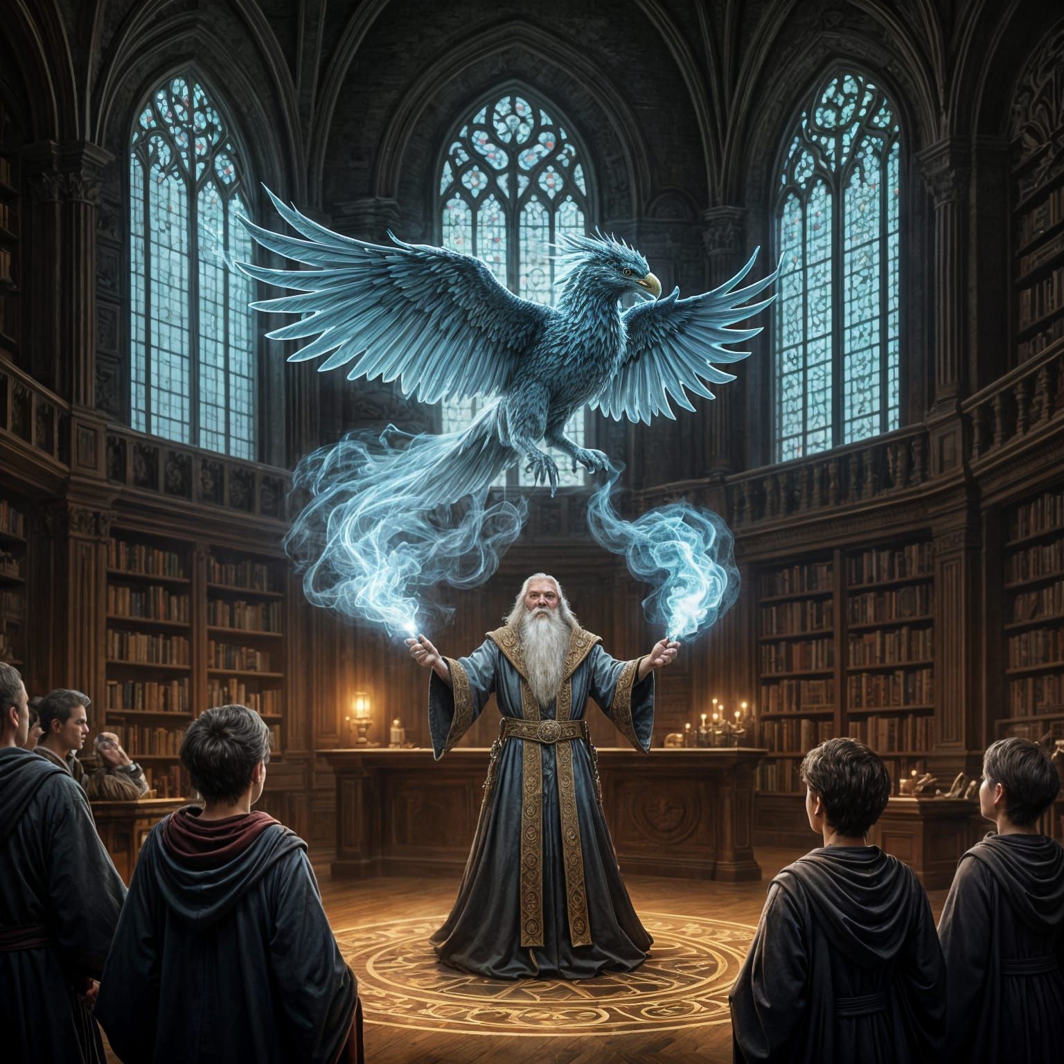 Ancient Wizard Conjures Majestic Gryphon in Grand Hall