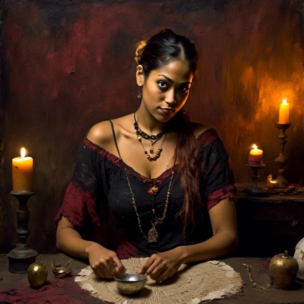 Mysterious Gypsy Fortune Teller in Romantic Impasto Style