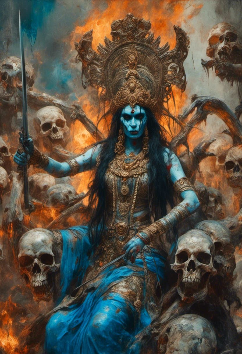 Six-Armed Hindu Goddess on Battlefield, Oil on Canvas